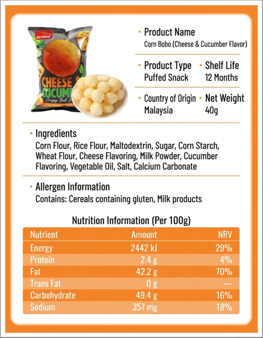 Cheese and cucumber product information panel