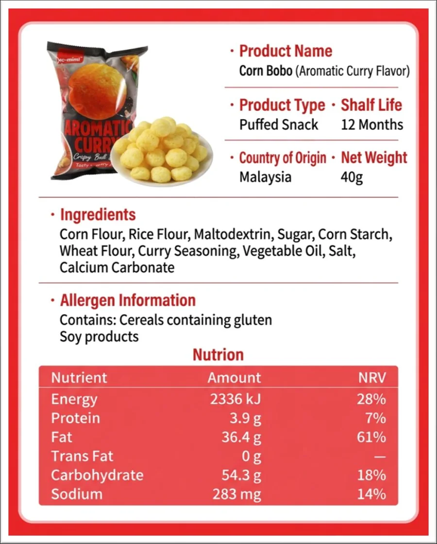 Aromatic curry product information panel