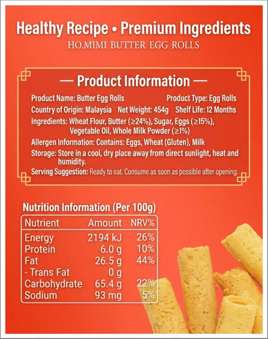 Butter egg rolls product information panel