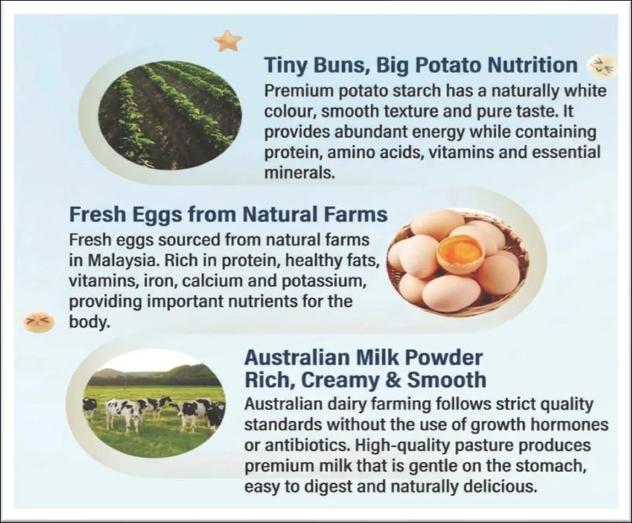Ingredient sourcing: premium potato starch, fresh farm eggs and Australian milk powder